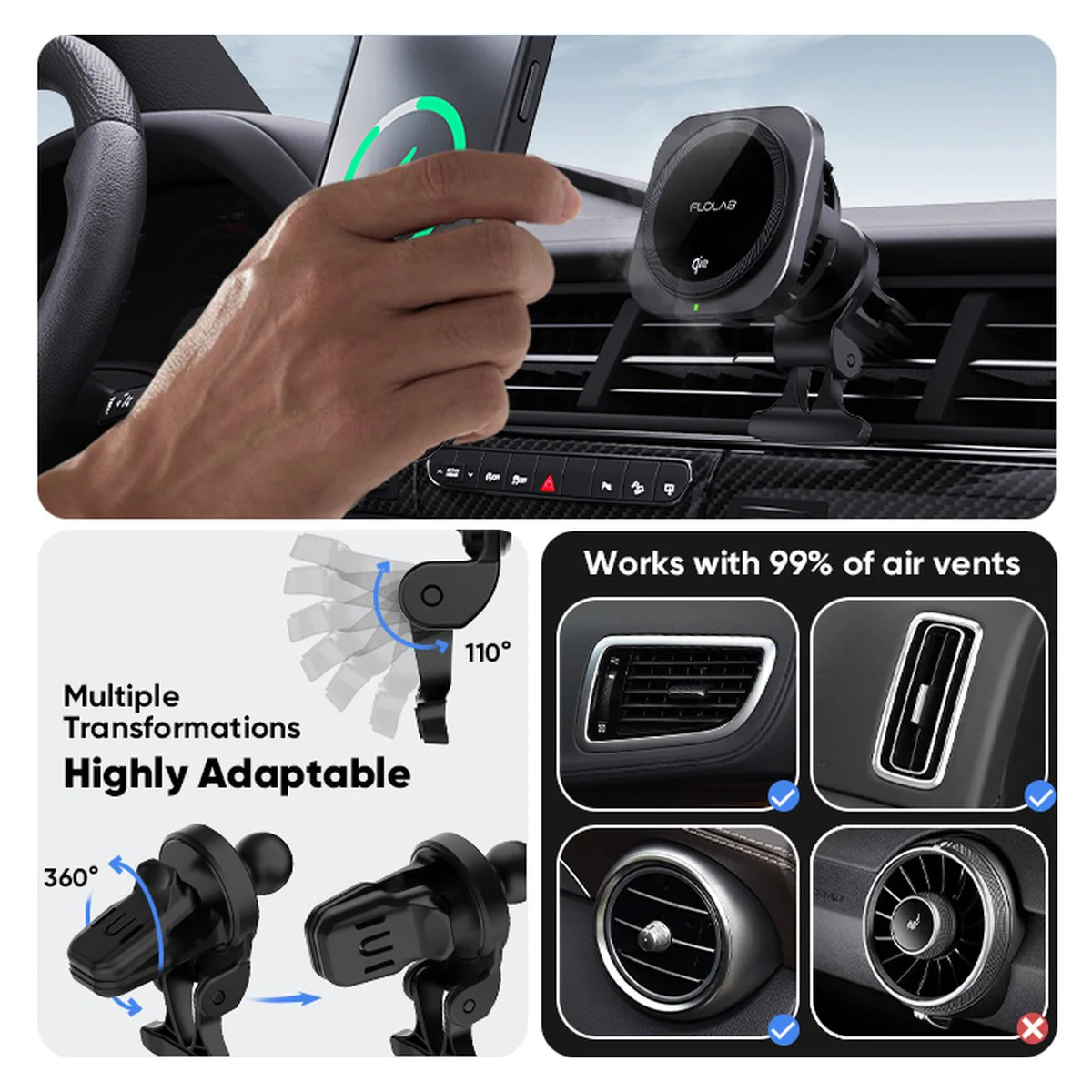 FLOLAB MagFLO Qi2 15W Best Wireless Car Charger With Cooling, 30W Car Charger - Fast Charging - Image 5