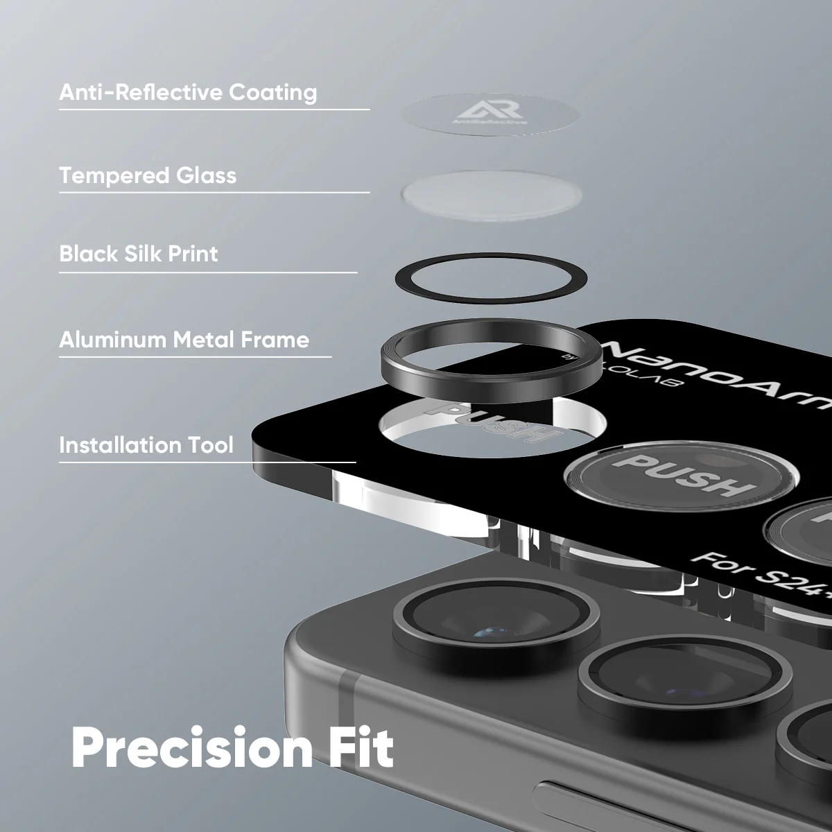 FLOLAB NanoArmour for Samsung Galaxy S24 Camera Lens Protector, Tempered Glass, Aluminum Camera Ring, Anti Reflective TruColors Crystal Clear - Image 3