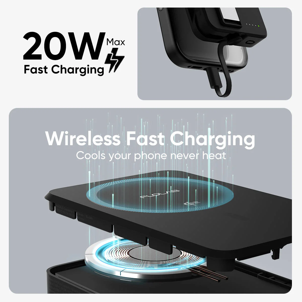 FLOLAB MagFLO Qi2 15W Wireless Power Bank, 20W PD charging- Kickstand, MagSafe Compatible, Fast Charging, Build in Cable - Image 5